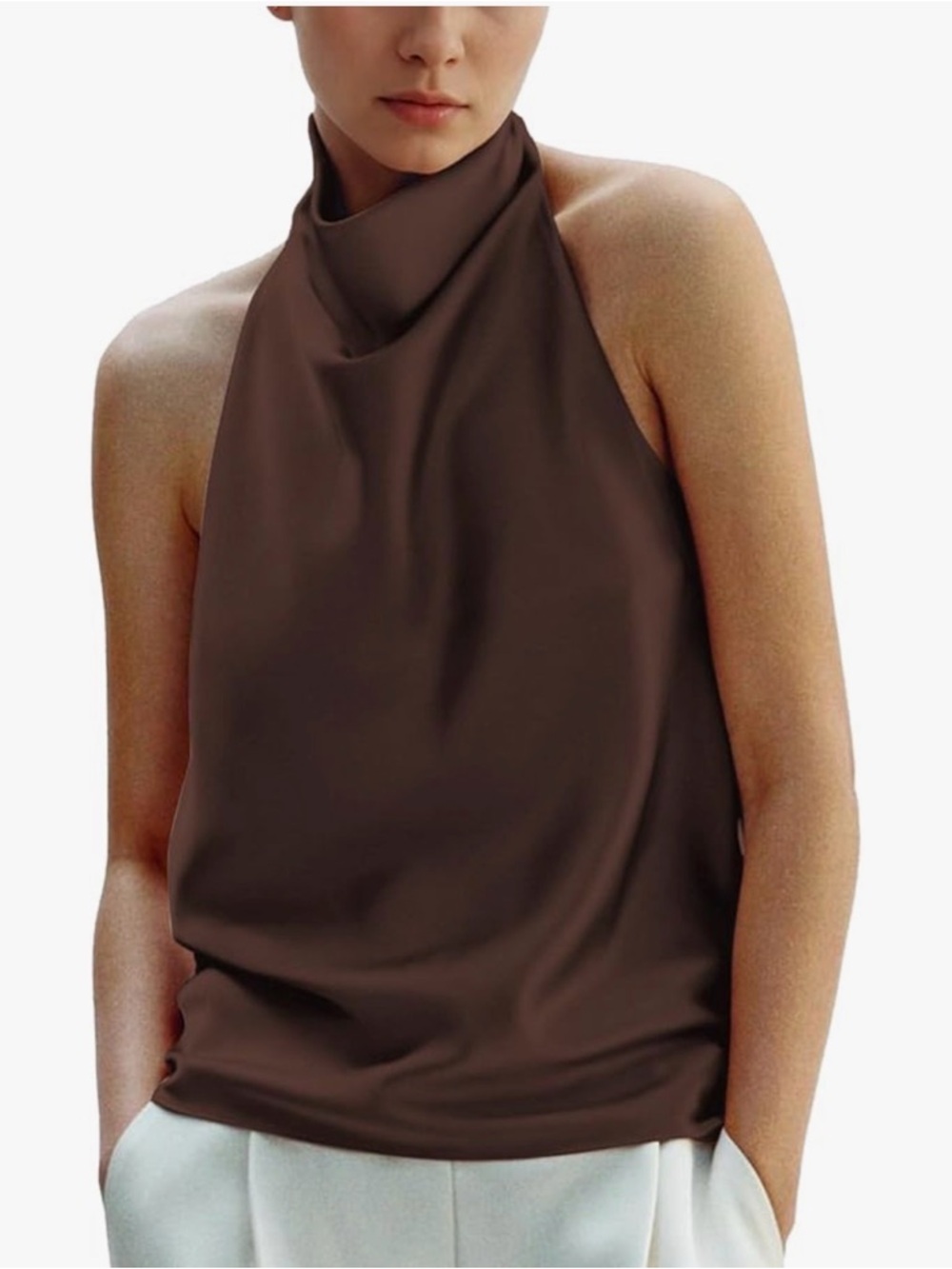 Sleeveless High-Neck Satin Tank in Chocolate Brown xs worn once